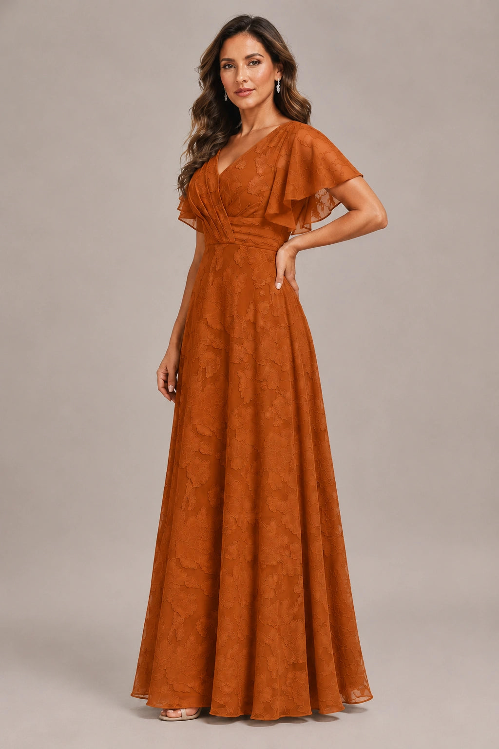 Jovellee Floral Chiffon A-Line Mother of the Bride Dress with Flutter Sleeves