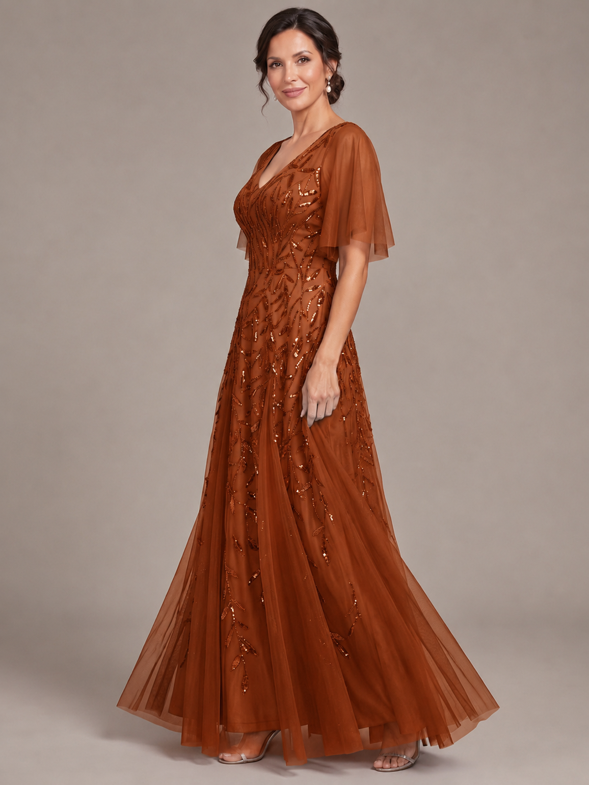 V-Neck Sequin Tulle Mother of the Bride Dress with Flutter Sleeve
