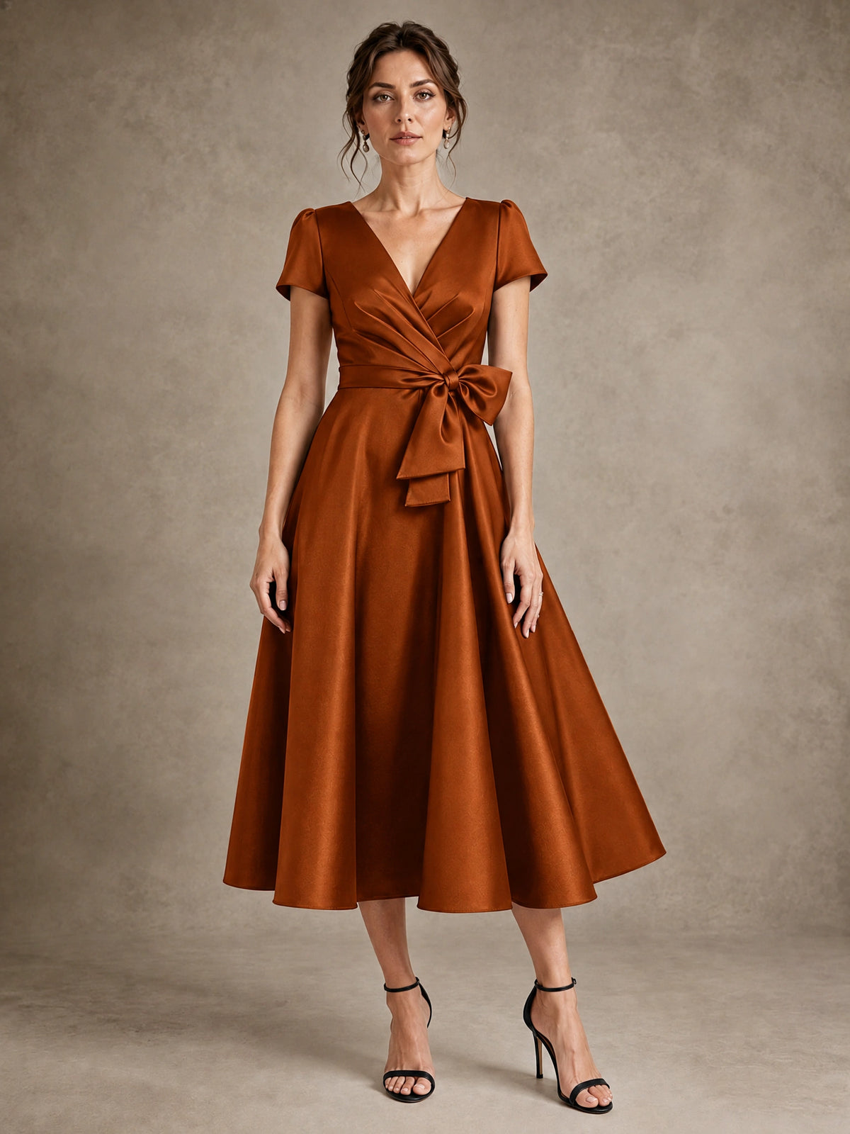 Burnt Orange V-Neck Tea-Length Satin Mother of the Bride Dress with Bow Jovellee
