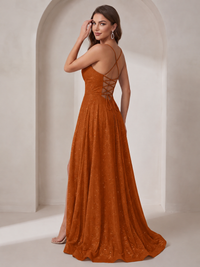 Sparkly Cowl Neck Corset Long Prom Dress with Slit A-line Tulle Ball Gown