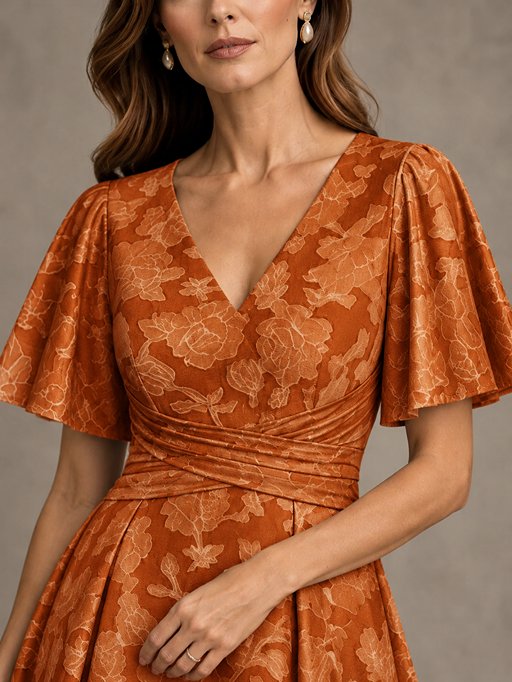 V-Neck Floral Jacquard Tea-Length Mother of the Bride Dress