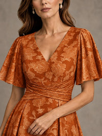 V-Neck Floral Jacquard Tea-Length Mother of the Bride Dress