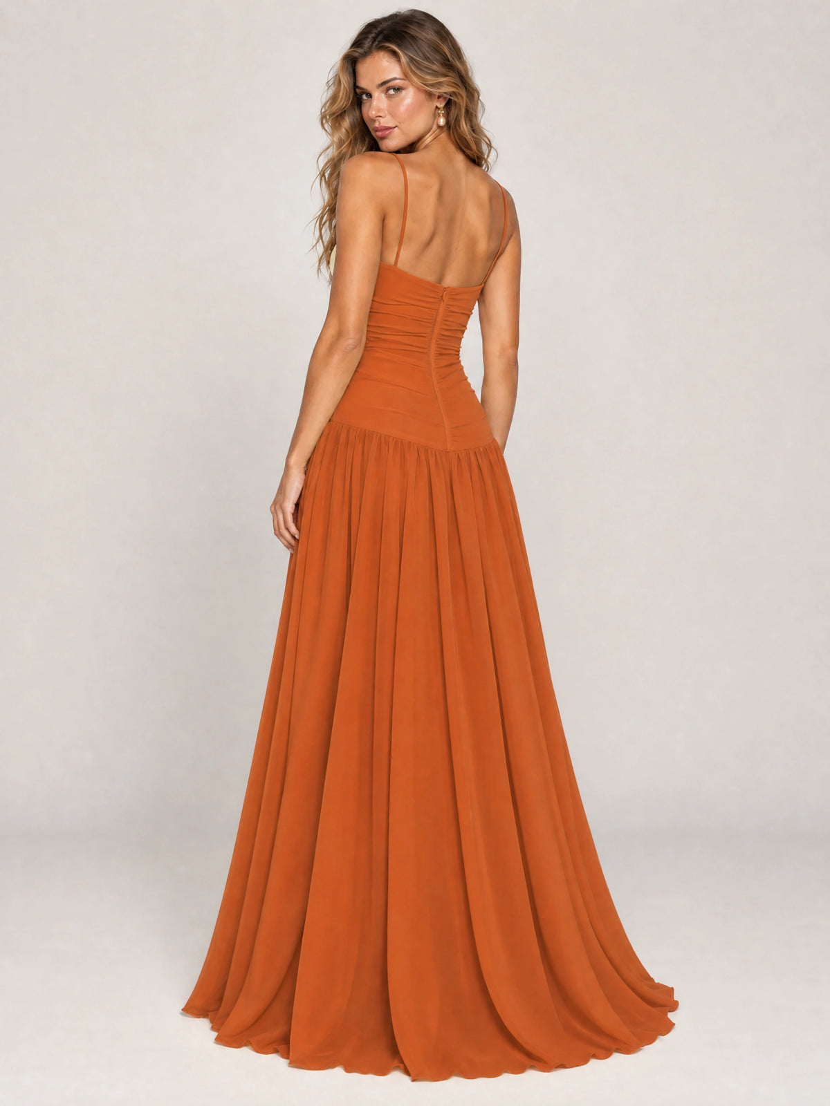 Butter Yellow Ruched Spaghetti Strap Drop-Waist Prom Dress
