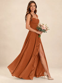 Spaghetti Straps Pleated Chiffon Bridesmaid Dress with Ruffle Slit