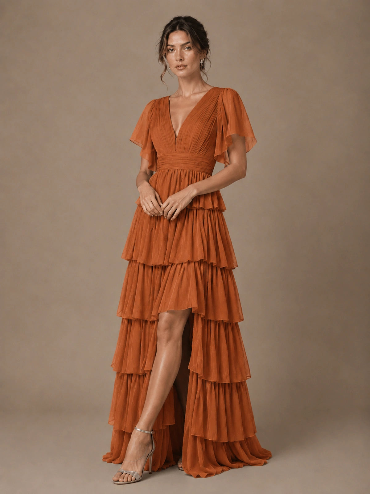 Chiffon V-Neck Tiered Ruffle Bridesmaid Dress with Slit