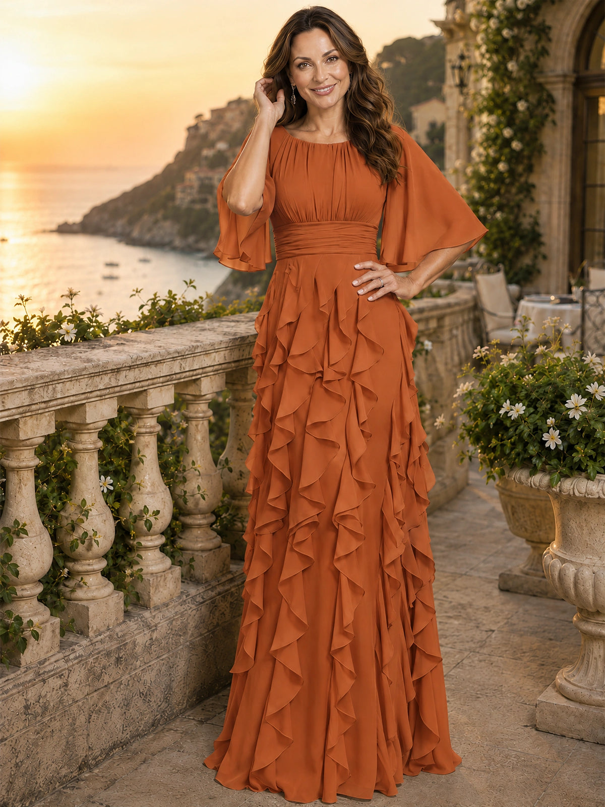 Elegant Chiffon Mother of the Bride Dress with Flutter Sleeves and Ruffle Skirt