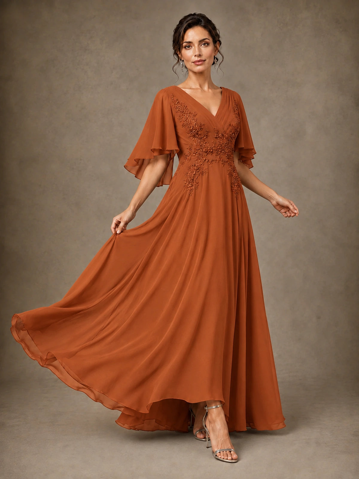 V-Neck Chiffon Lace Mother of the Bride Dress with Flutter Sleeves