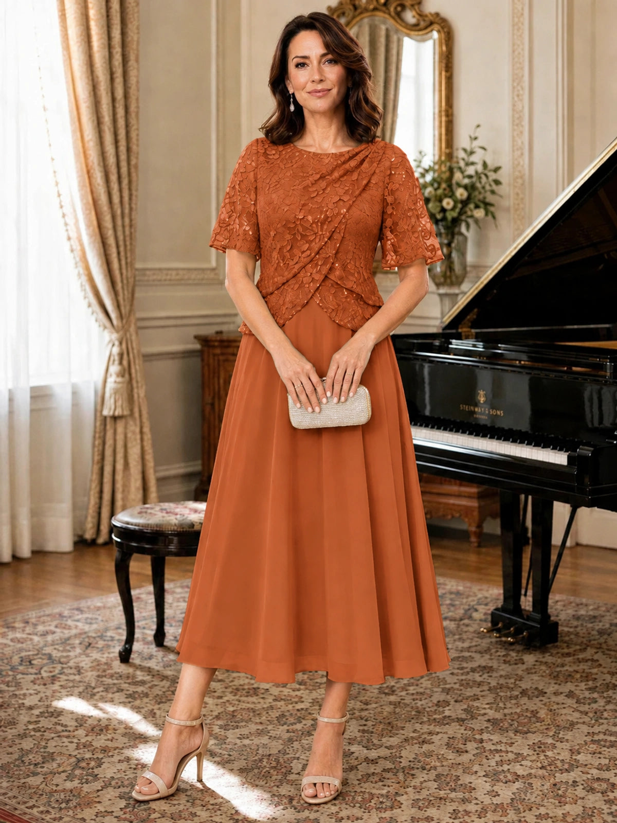 Tea-Length Chiffon Mother of the Bride Dress with Sequin Lace Sleeves