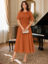 Tea-Length Chiffon Mother of the Bride Dress with Sequin Lace Sleeves