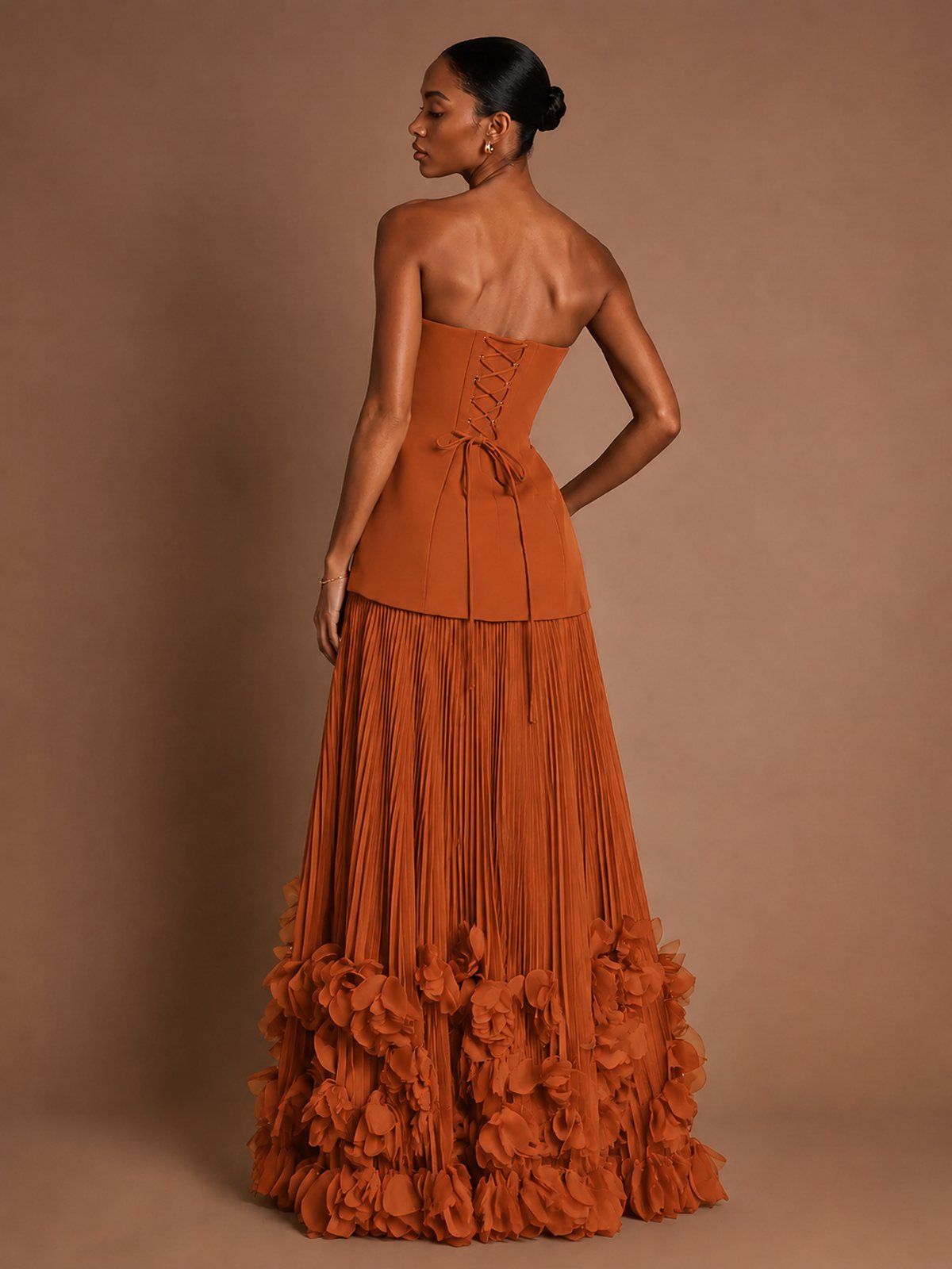 Strapless Pleated Floral Satin Formal Dress with Side Slit