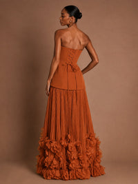 Strapless Pleated Floral Satin Formal Dress with Side Slit