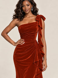 Black Velvet One-Shoulder Mermaid Evening Gown with Bow & Ruffles