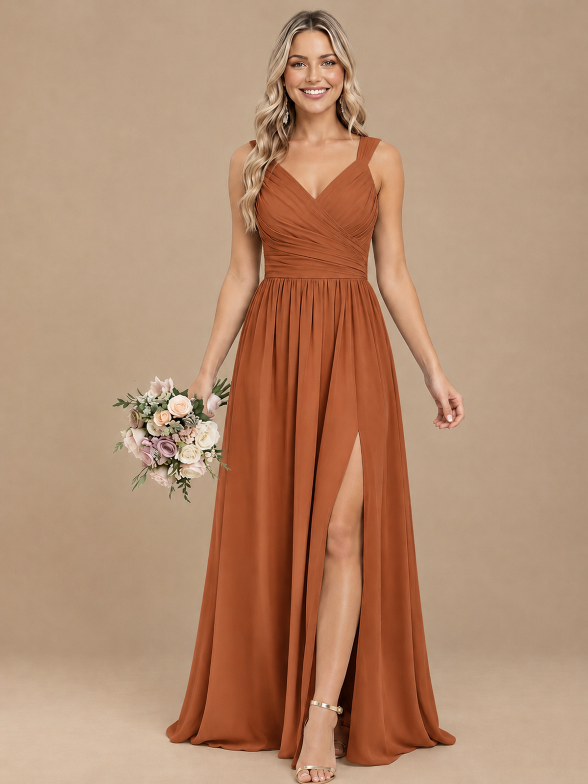 Pleated Chiffon V Neck Wedding Bridesmaid Dresses Floor Length with Slit
