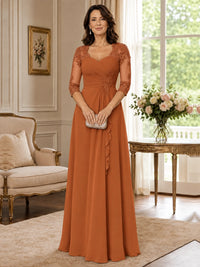 Chiffon Lace Applique Mother of the Bride Dress with 3/4 Sleeves