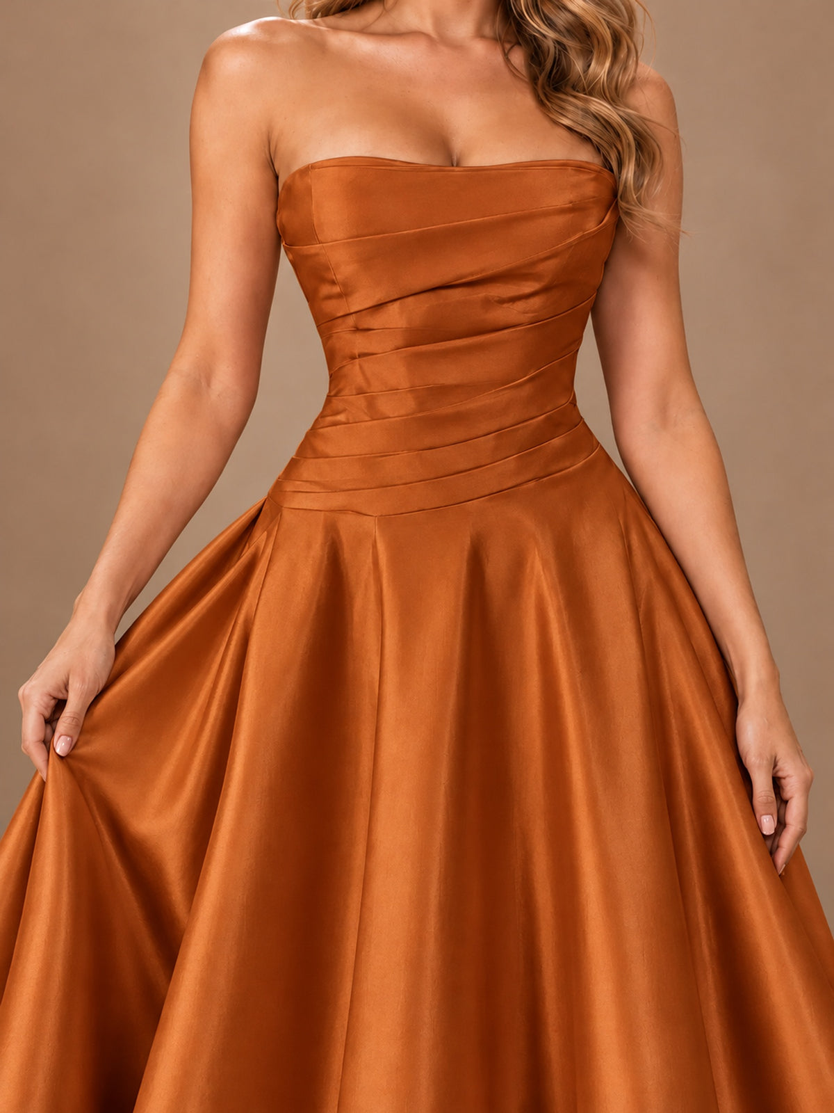 Blush Pink Strapless Satin A-Line Prom Dress with Ruched Bodice