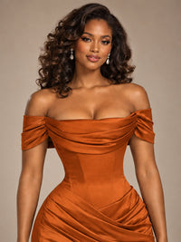 Burgundy Off-the-Shoulder Satin Corset Prom Dress with Slit