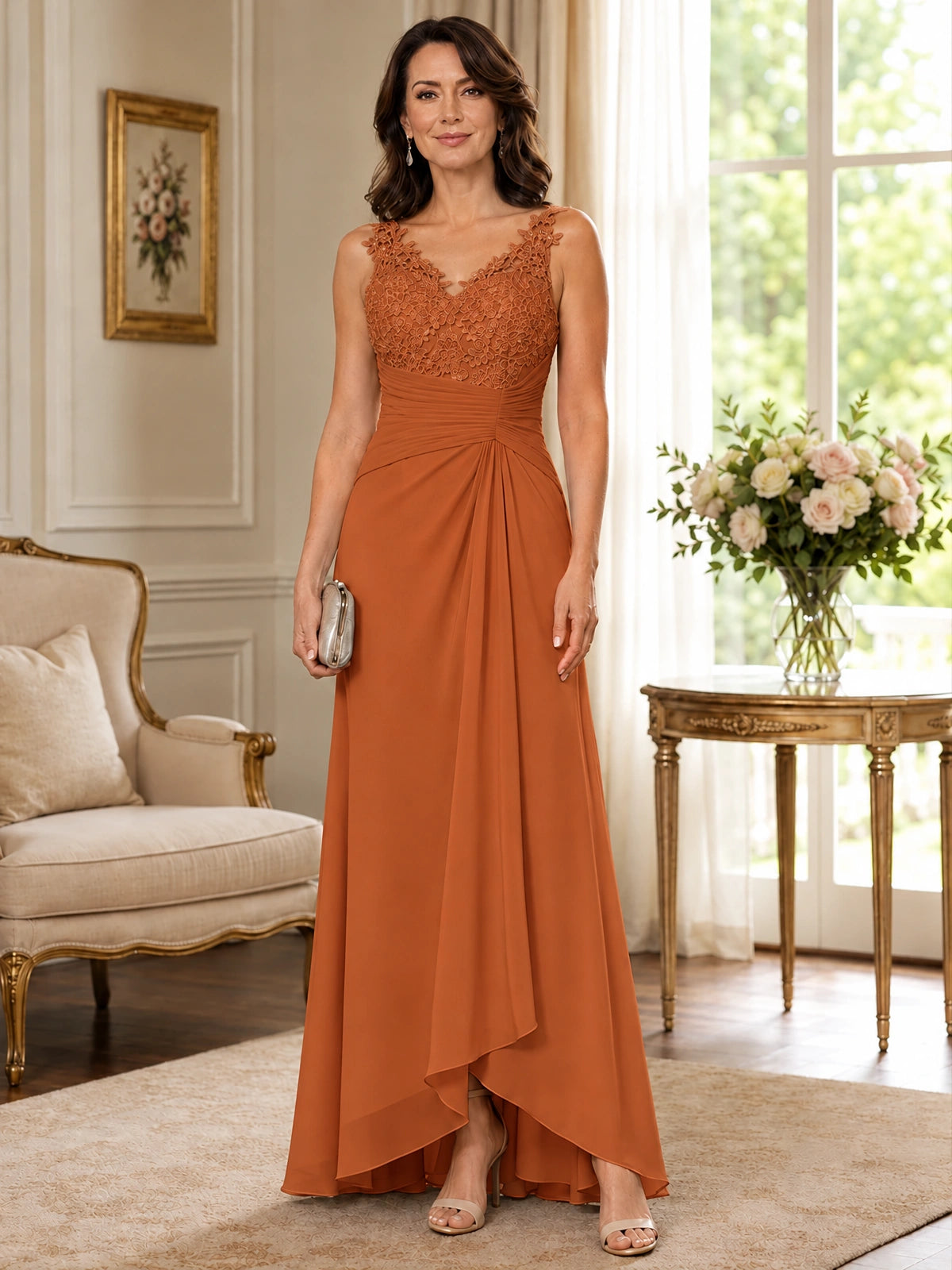 Elegant Chiffon Mother of the Bride Dress with Lace Applique and Cape Sleeves