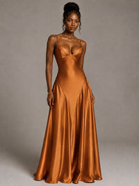 Lavender V Neck Satin Prom Dress with Spaghetti Straps