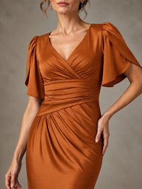 V-Neck Satin Mother of the Bride Dress with Flutter Sleeves