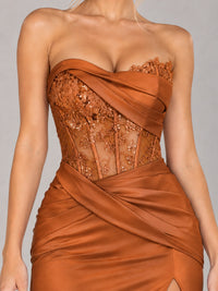 Strapless Satin Prom Dress with Sheer Lace Corset & High Slit