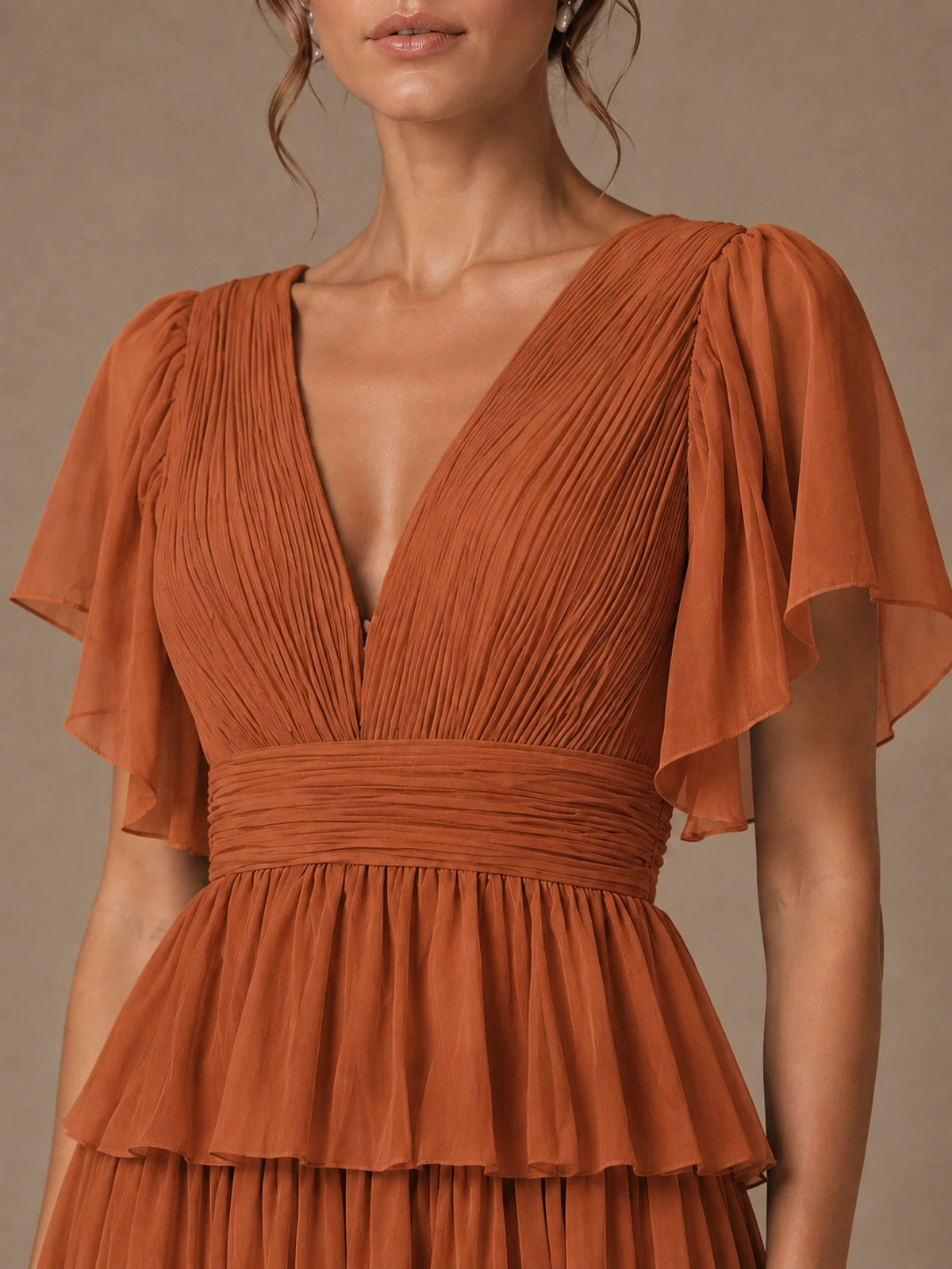 Chiffon V-Neck Tiered Ruffle Bridesmaid Dress with Slit