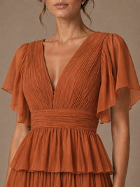 Chiffon V-Neck Tiered Ruffle Bridesmaid Dress with Slit