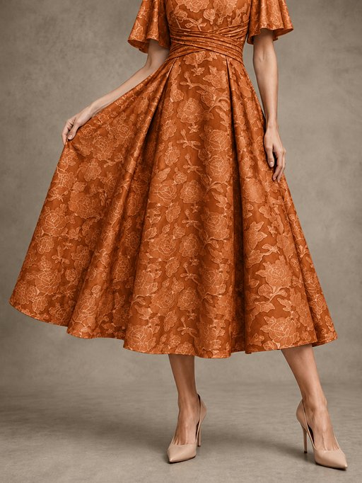V-Neck Floral Jacquard Tea-Length Mother of the Bride Dress