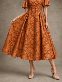V-Neck Floral Jacquard Tea-Length Mother of the Bride Dress