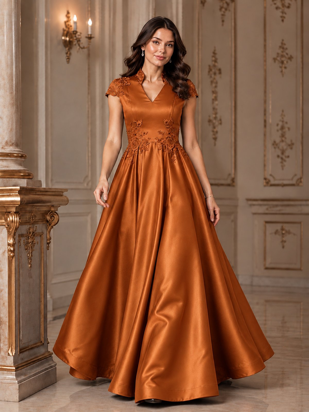 Lace Appliqué A-Line Satin Maxi Dress