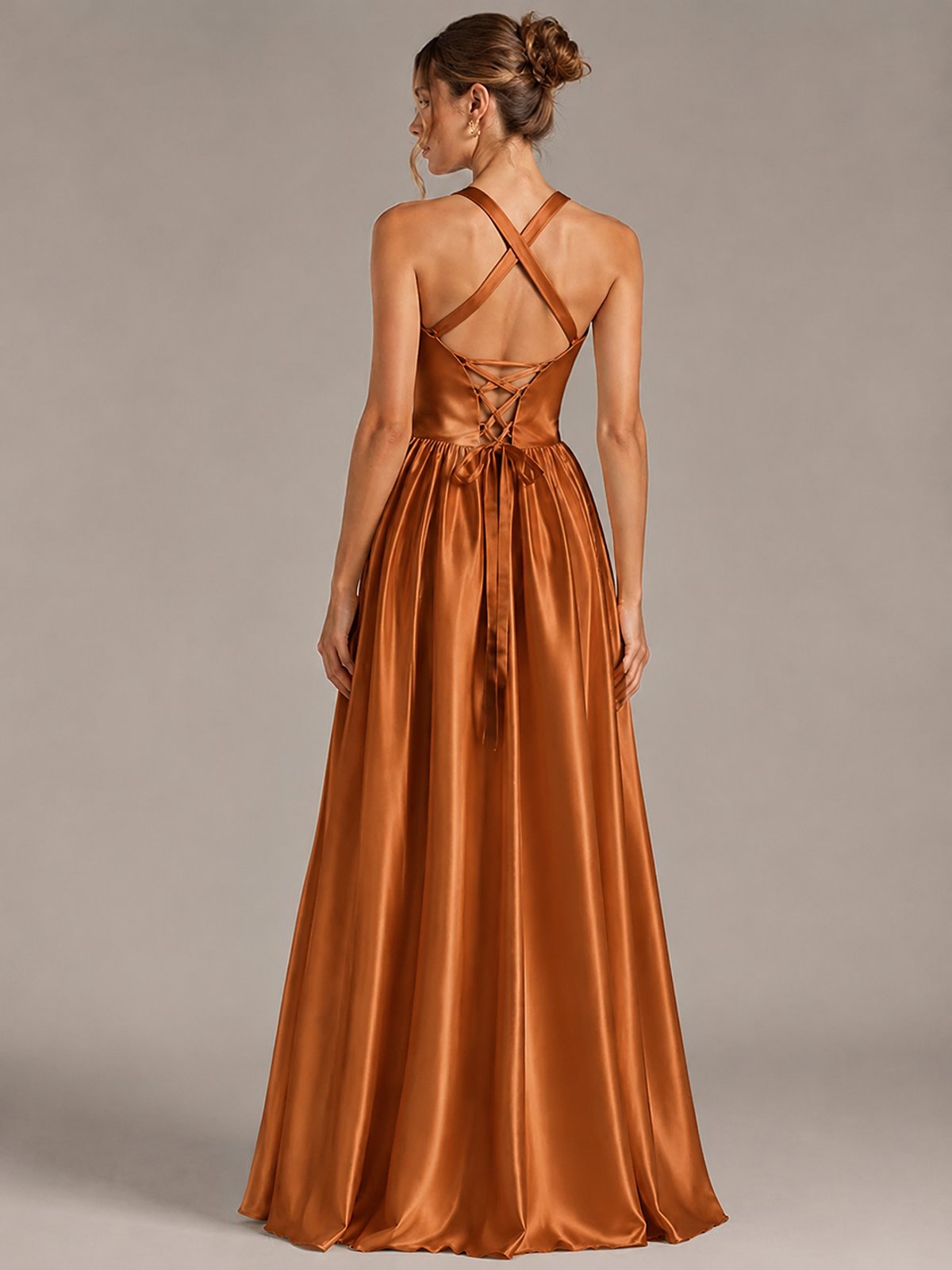 Light Yellow Halter Neck Satin A-Line Maxi Dress with Pockets