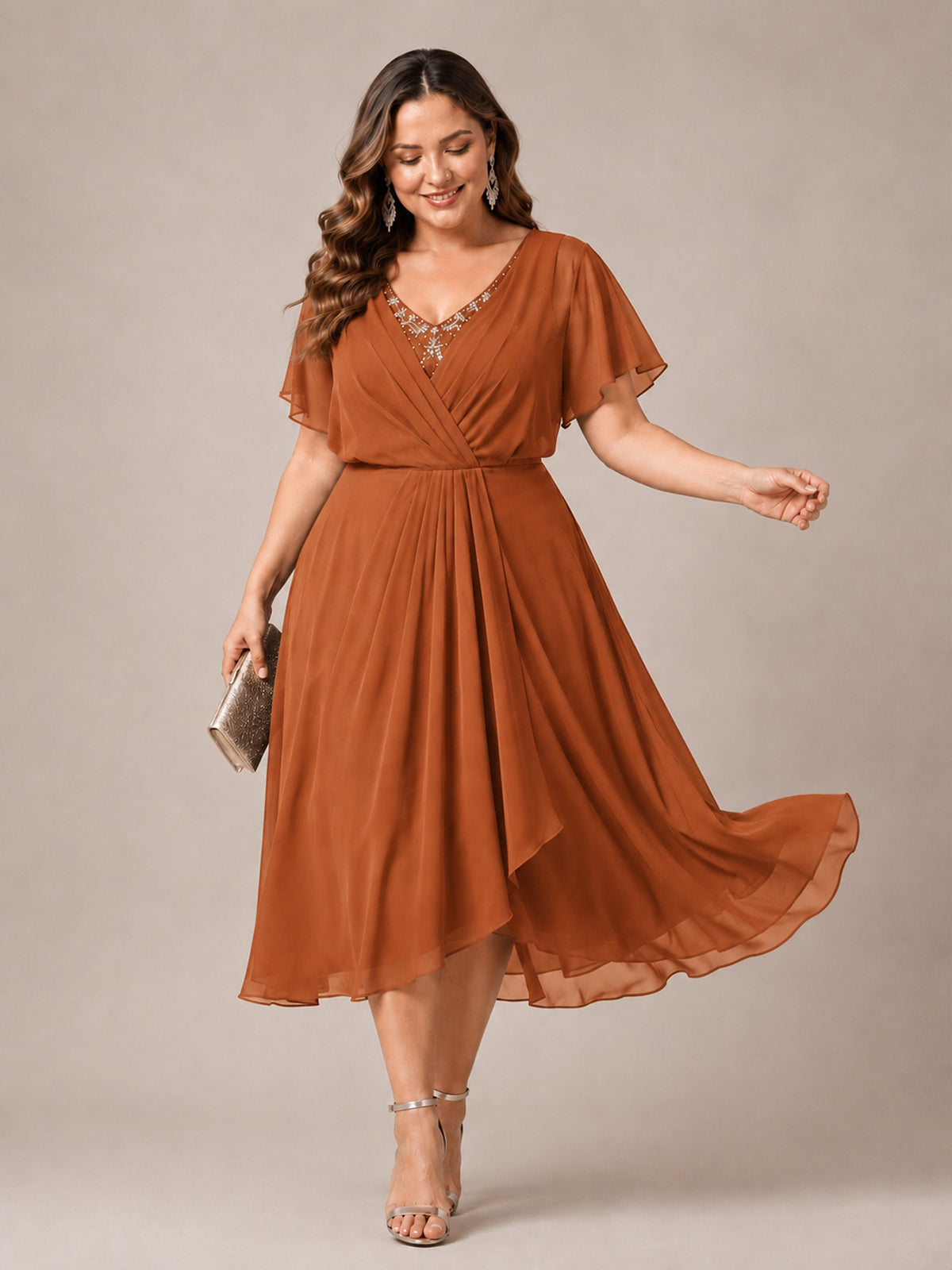 Navy Blue A-Line V-Neck Tea-Length Mother of the Bride Dress