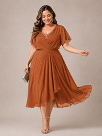 Navy Blue A-Line V-Neck Tea-Length Mother of the Bride Dress