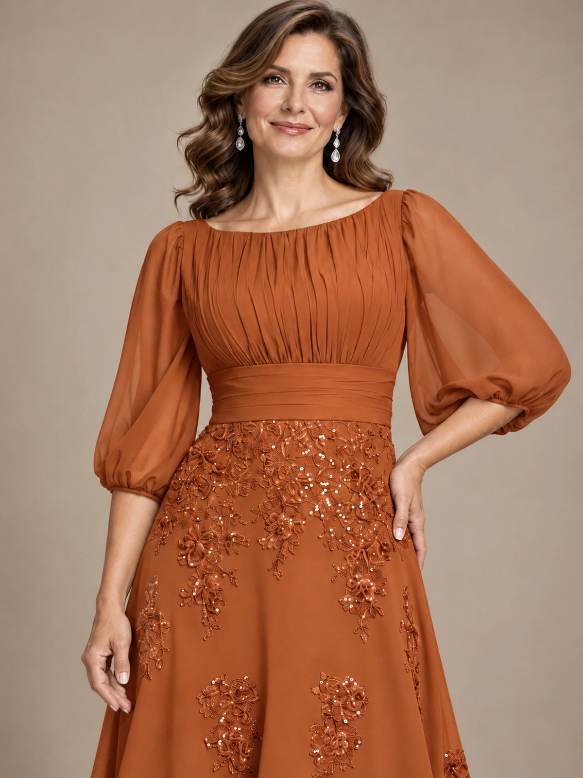 A-Line Mother of the Bride Dress with Sheer Puff Sleeves