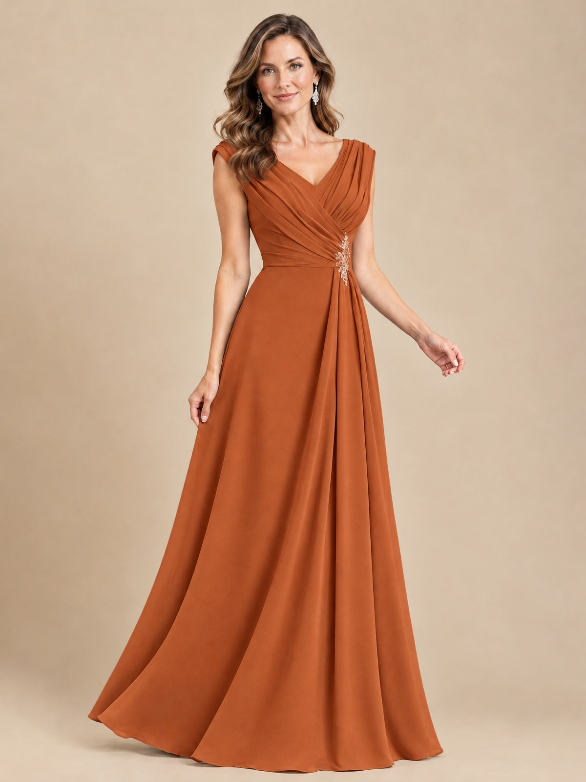 V Neck Pleated Mother of The Bride Dresses with Beading Cap Sleeves