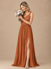 Pleated Chiffon V Neck Wedding Bridesmaid Dresses Floor Length with Slit