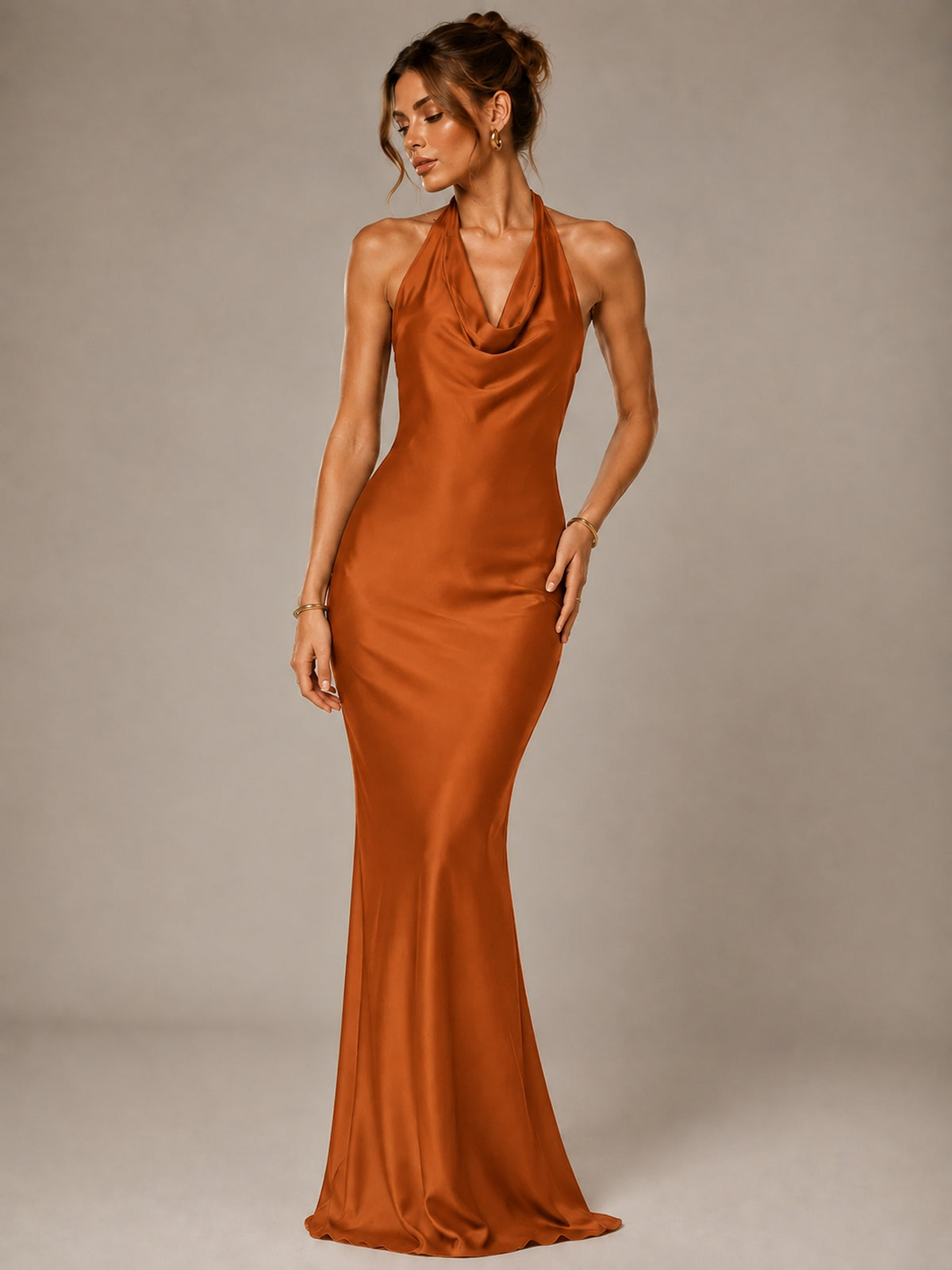 Olive Green Halter Satin Mermaid Maxi Dress
