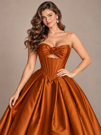 Pink Strapless Corset Satin Prom Derss & Ball Gown with 3D Floral