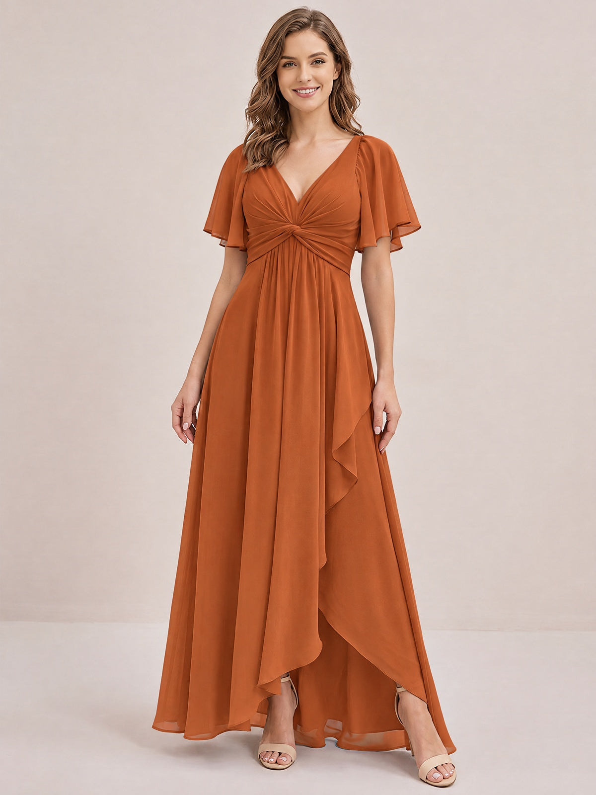 Dusty Blue Chiffon Bridesmaid Dress with Flutter Sleeves & High-Low Hem