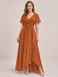 Dusty Blue Chiffon Bridesmaid Dress with Flutter Sleeves & High-Low Hem