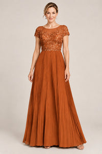 Embroidered Lace Pleated Mother of the Bride Dress