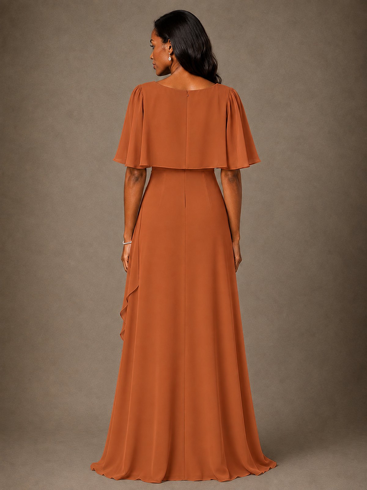 Taupe Chiffon A-Line Mother of the Bride Dress with Cape Sleeves