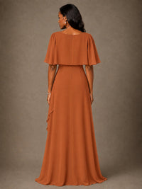 Taupe Chiffon A-Line Mother of the Bride Dress with Cape Sleeves