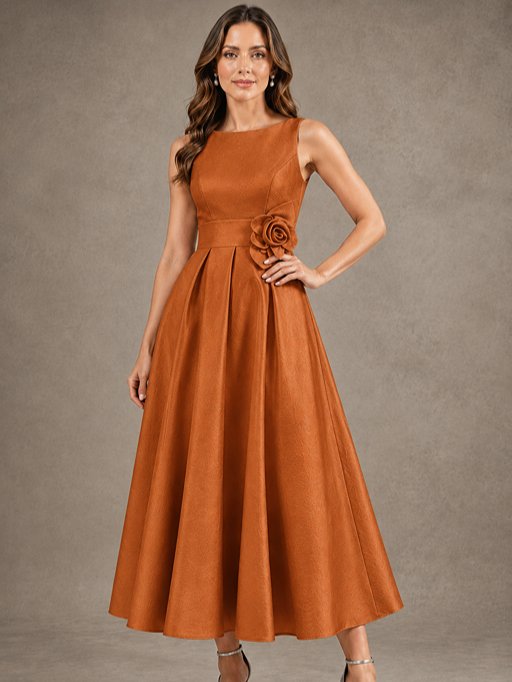 Tea-Length Satin Mother of the Bride Dress with 3D Flower Detail