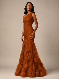 Blush Pink One Shoulder 3D Floral Mermaid Prom Dress