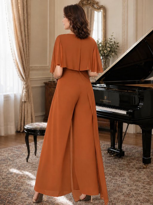 Chiffon Mother of the Bride Jumpsuit with Layered Cape Sleeves