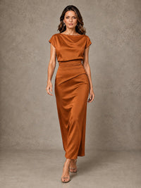 Cowl Neck Satin Mother of the Bride Dress with Ruched Waist