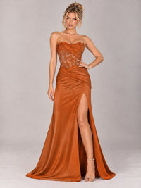 Strapless Satin Prom Dress with Sheer Lace Corset & High Slit