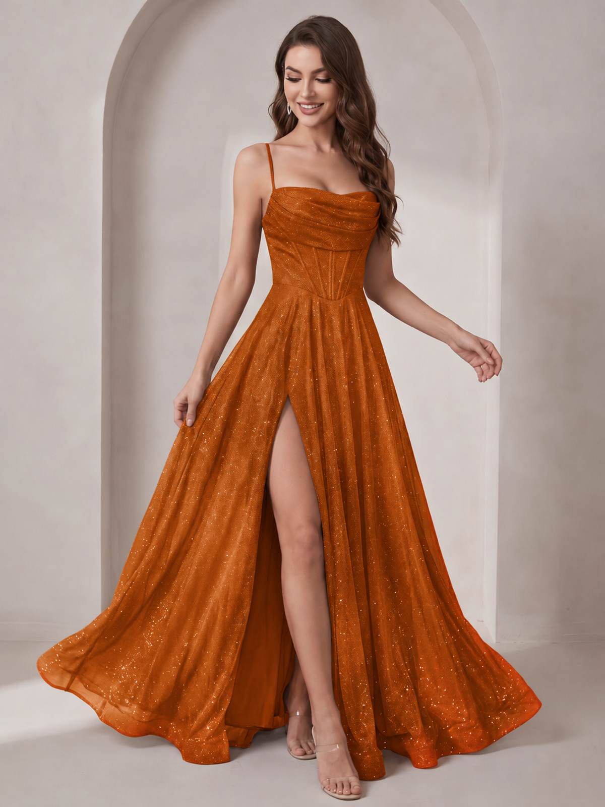Sparkly Cowl Neck Corset Long Prom Dress with Slit A-line Tulle Ball Gown
