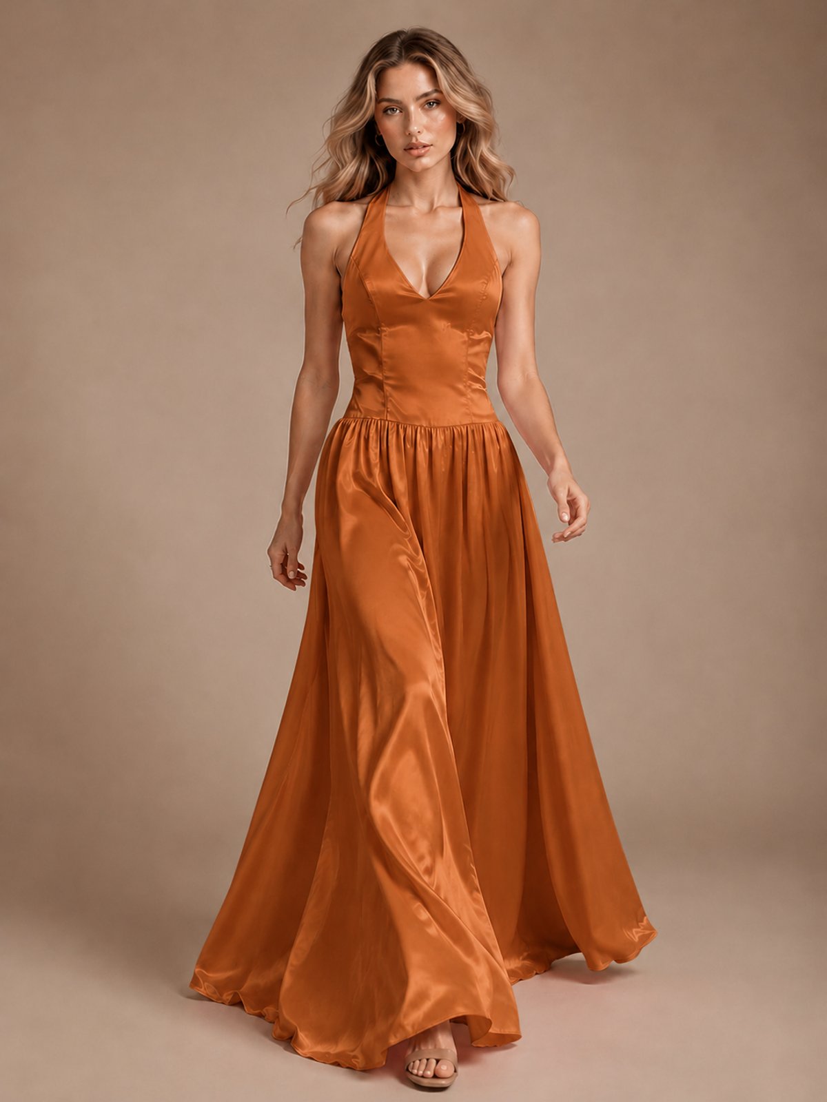 Pink V Neck Halter Satin Maxi Dress