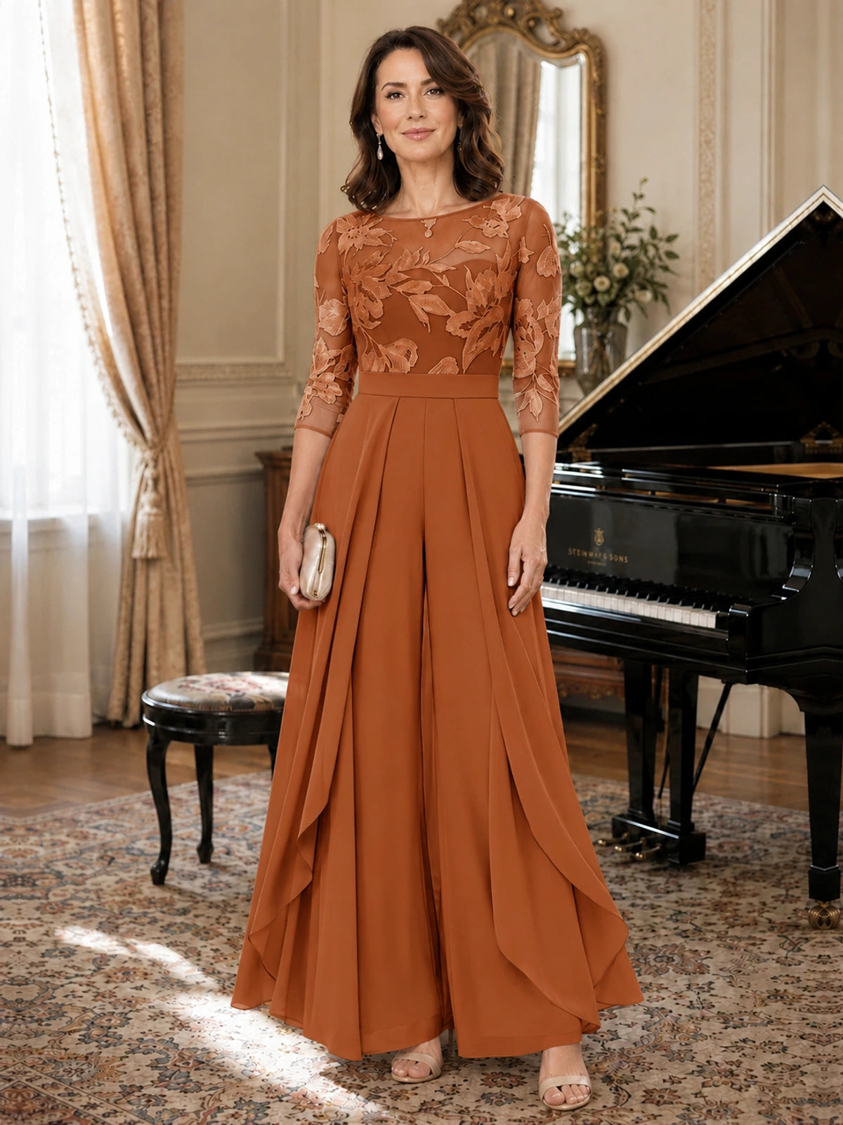 Lace Applique Wide-Leg Chiffon Mother of the Bride Jumpsuit